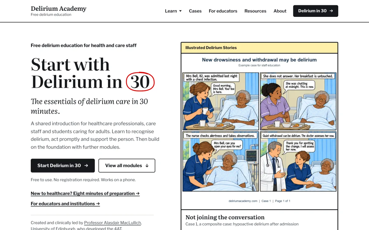 Landing page of Delirium Academy