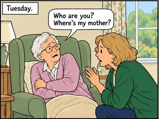 Illustrated Delirium Stories: an older woman in an armchair asks her daughter, ‘Who are you? Where’s my mother?’
